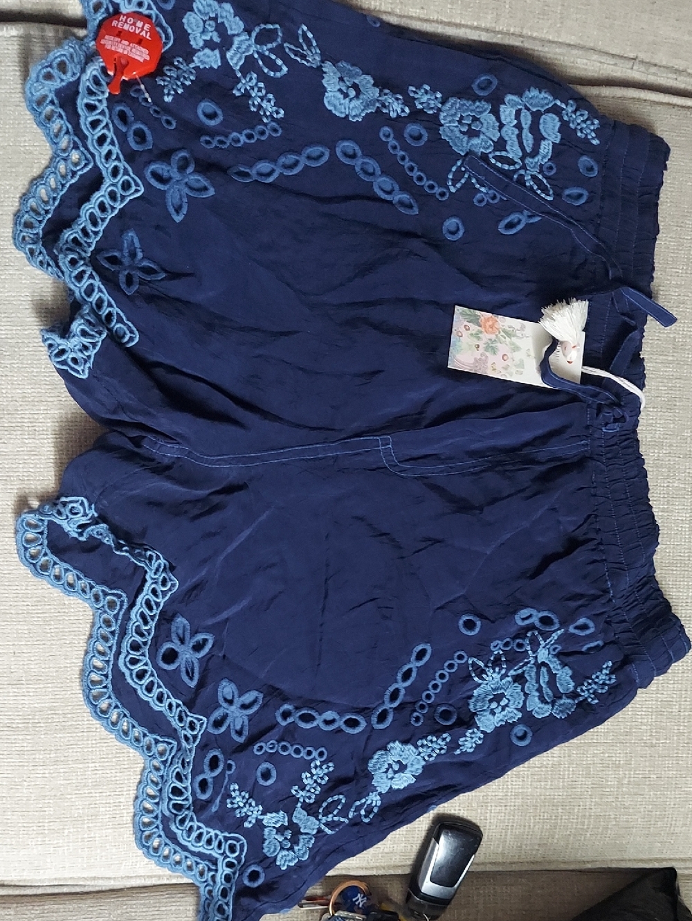 Johnny Was Navy Scalloped Embroidered Shorts with Light Blue Accents - Picture 2 of 4